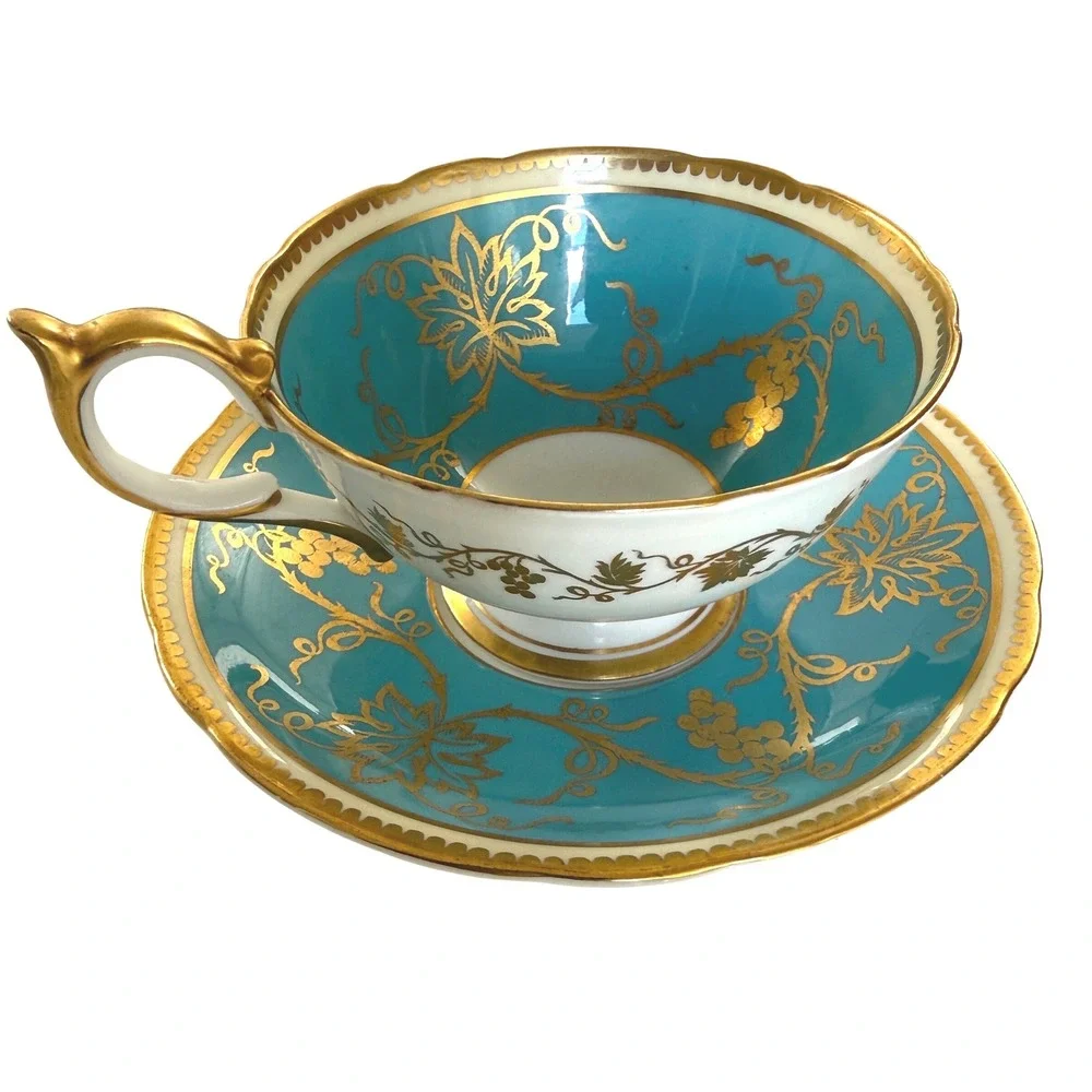 Vintage Aynsley England Bone China Teacup Saucer Turquoise Gold Gilt Grapevine